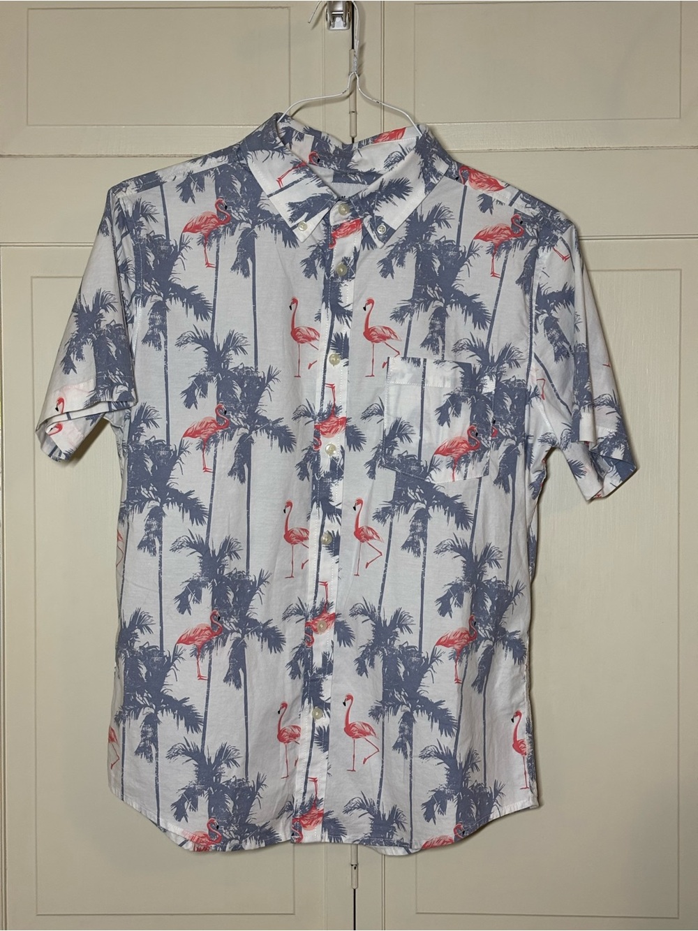 Men's Goodfellow & co Flamingo Palm Button-Up Shirt - White/Blue
